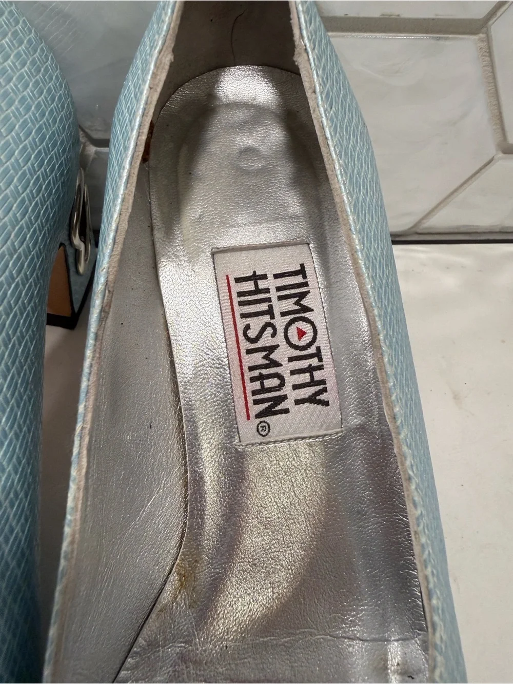 Timothy Hitsman VTG Textured Light Blue Pump Shoe Metal Heart Block Heel 5.5-6?